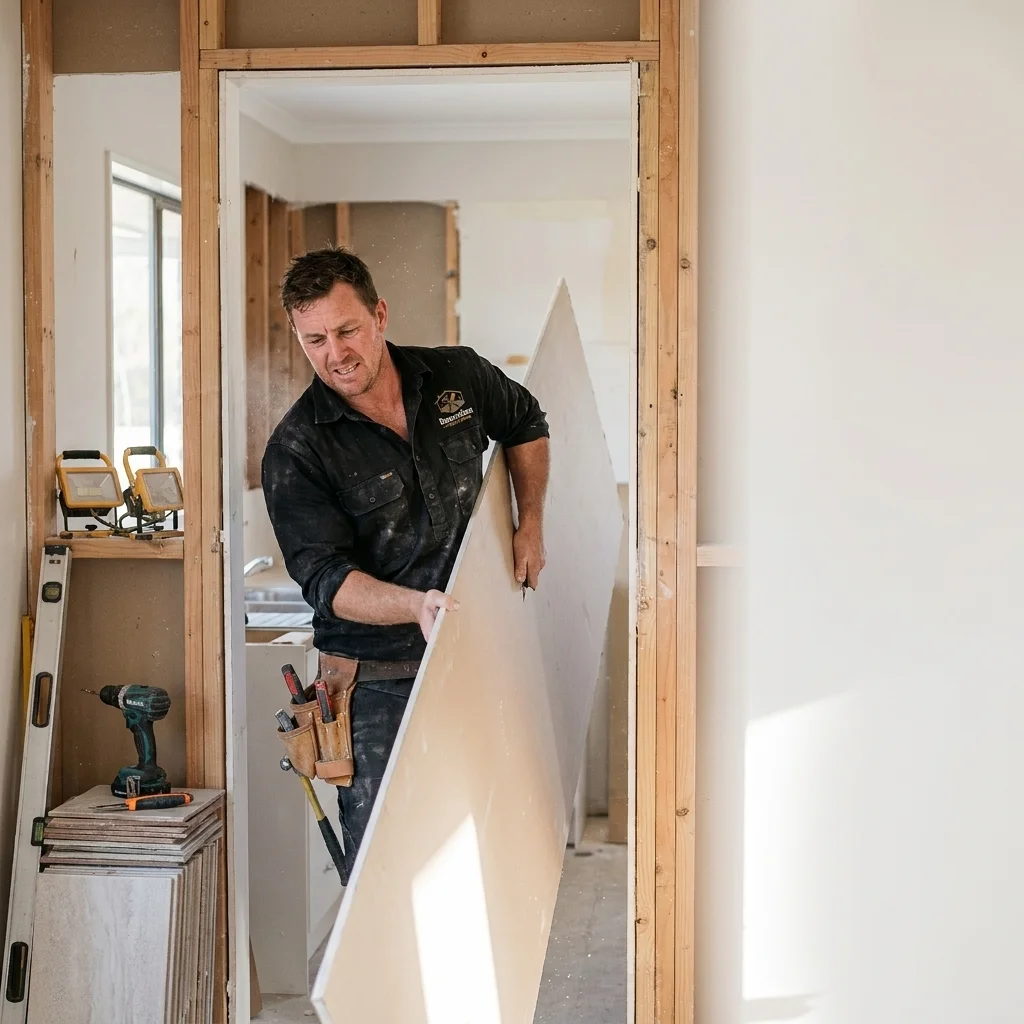 Skilled tradesman carrying large drywall panel for professional flooring installation preparation.